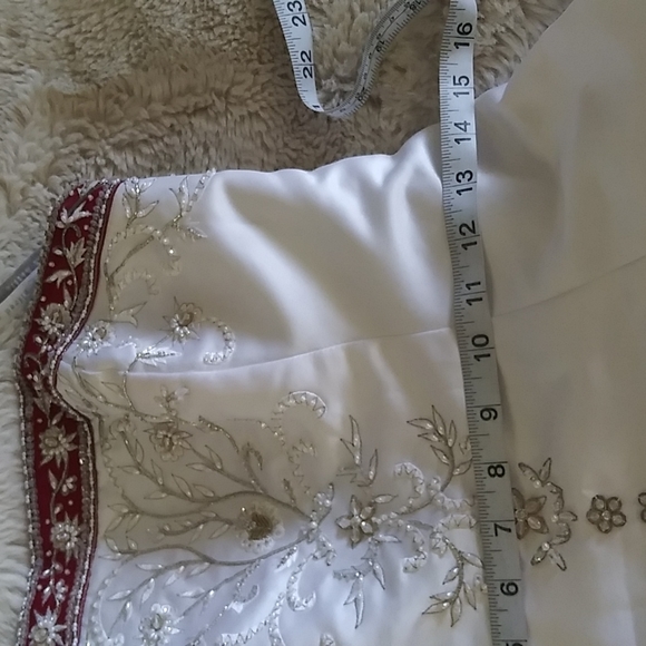 SOLD. Alfred Angelo Beaded Satin Wedding Gown with Red Trim - Picture 15 of 17